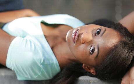 Sexy american cutie Ivy Sherwood in fancy skirt shows big titties and bald pussy outdoor